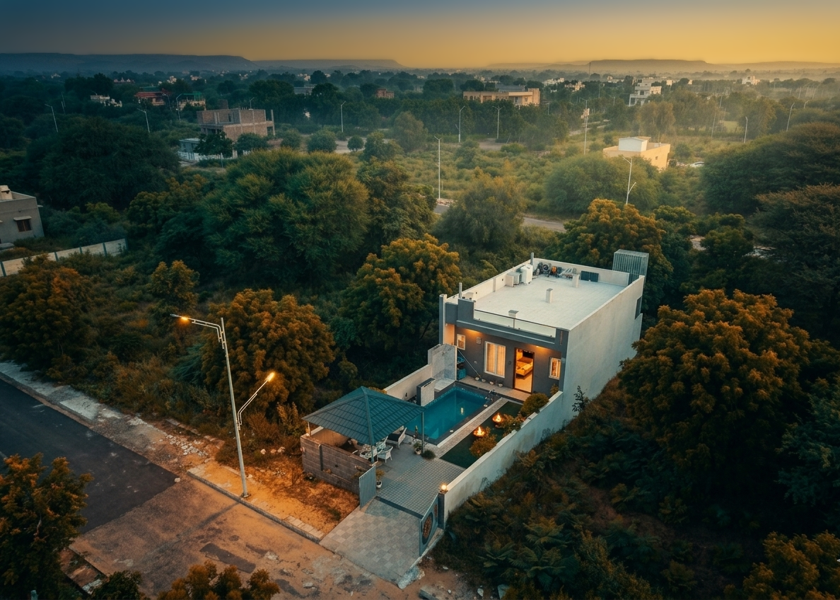 Arohacove farmhouse surrounded by lush green trees during sunset, featuring a private swimming pool, outdoor gazebo